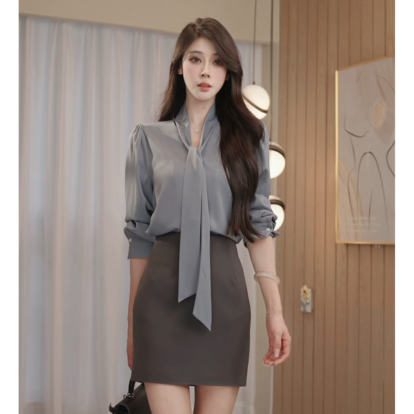 通勤百搭系带衬衫 韩系气质纯欲金秘书丝滑缎面垂感飘带长袖上衣