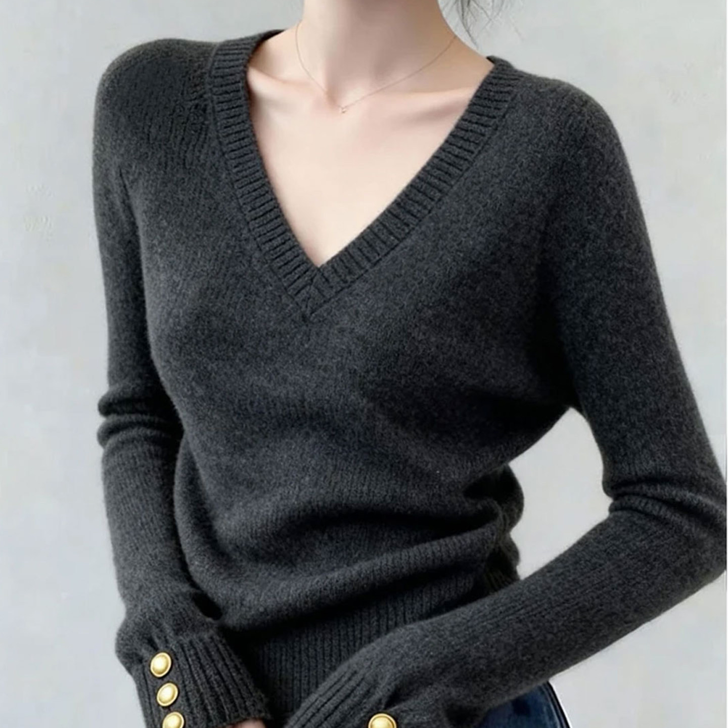 韩系复古v领长袖打底针织衫女秋冬季修身显瘦高级感毛衣内搭上衣