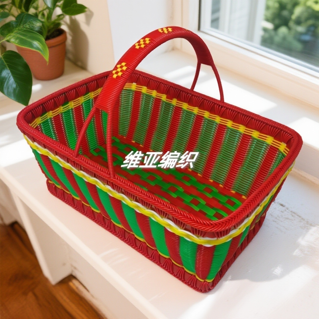 维亚编织 藤条编织 纯手工制作成品 民间手艺 长方形大号拜神篮子