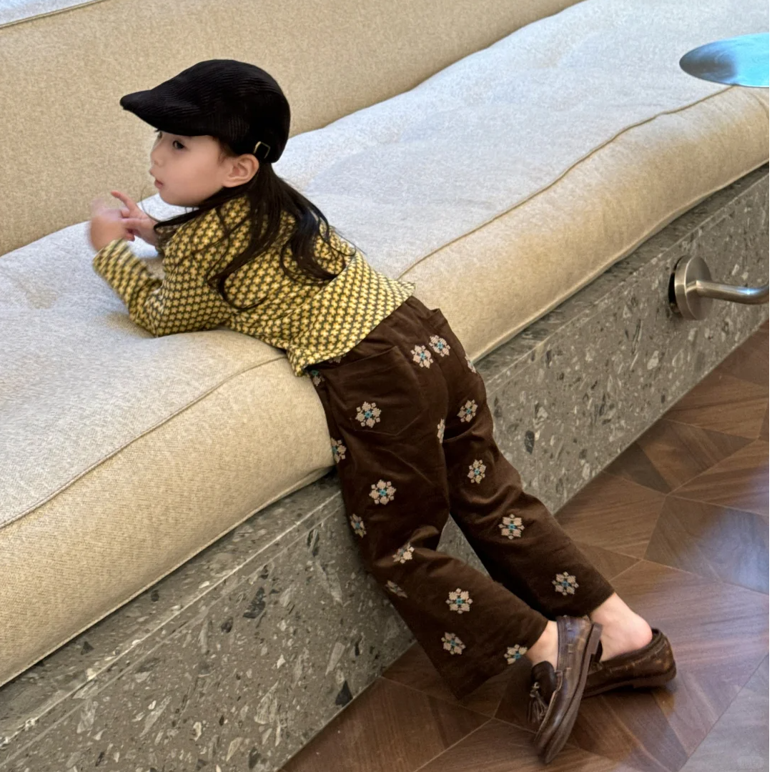 壹妈童装女童秋冬套装洋气儿童女宝时髦碎花上衣外套咖色休闲裤子