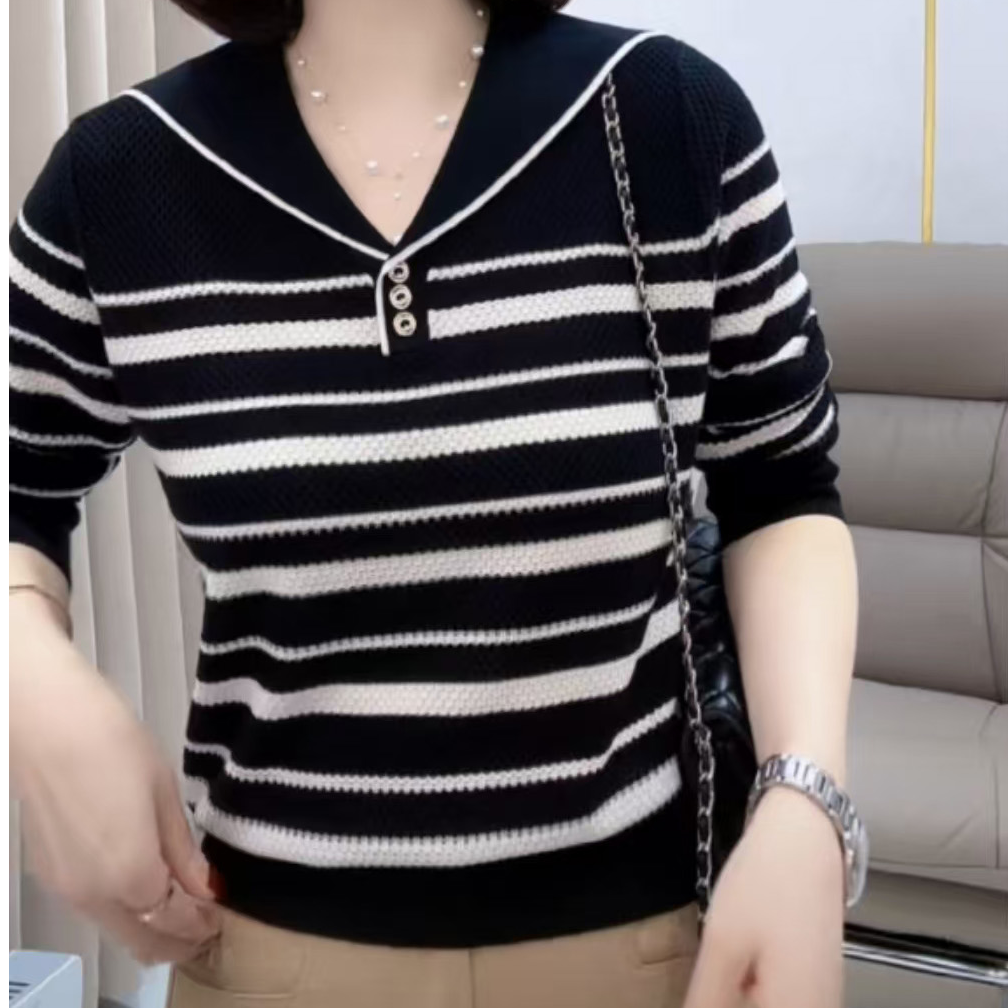 【80-170斤】长袖100莱赛尔天丝纽扣海军领条纹针织衫休闲时尚1587