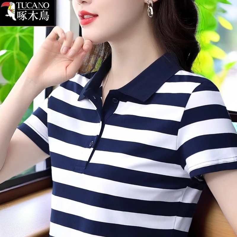 啄木鸟正品夏季POLO领T恤女条纹短袖2025年新款拼接撞色大码上衣