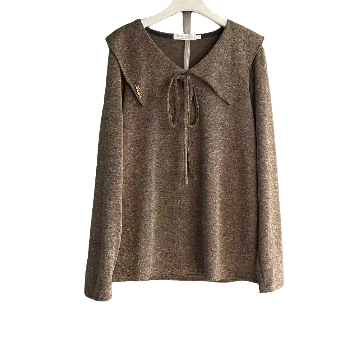 长袖拼接V领街头风娃娃领系带T恤洋气秋冬打底衫百搭圆领套头咖色