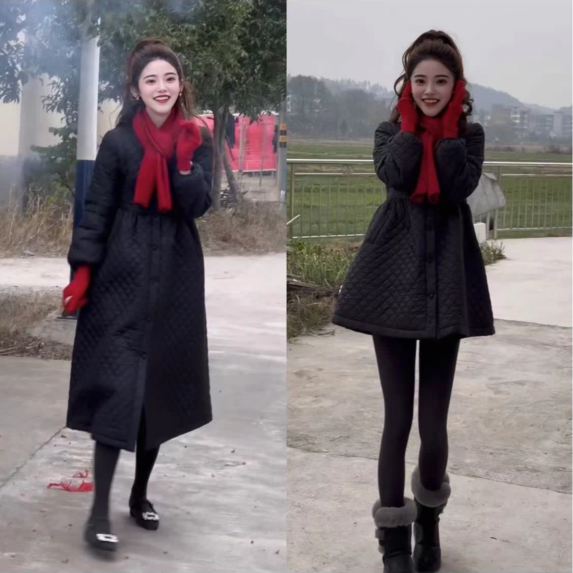 2024冬季新款小个子韩版绗缝夹棉蓬蓬中长款棉服女2024新款爆款