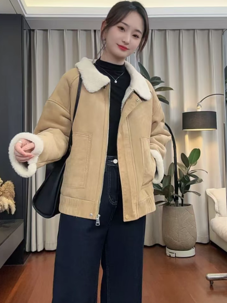 高级感加厚麂皮绒外套女2025冬季新款小个子皮毛一体工装风夹克潮