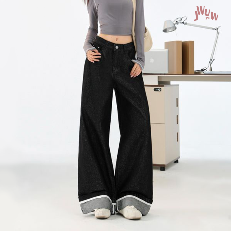 JWUW秋冬美式复古撞色卷边阔腿牛仔裤女百搭不掉色阔腿直筒休闲裤