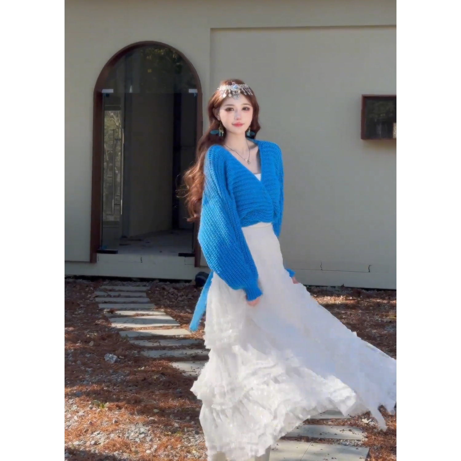 2025春季新款时尚慵懒风复古毛衣高腰短款上衣搭显瘦半身裙套装女