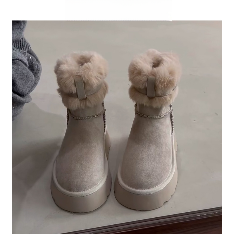 软皮版~5cm增高加绒保暖皮带扣毛毛靴2025冬季新款短筒雪地靴女