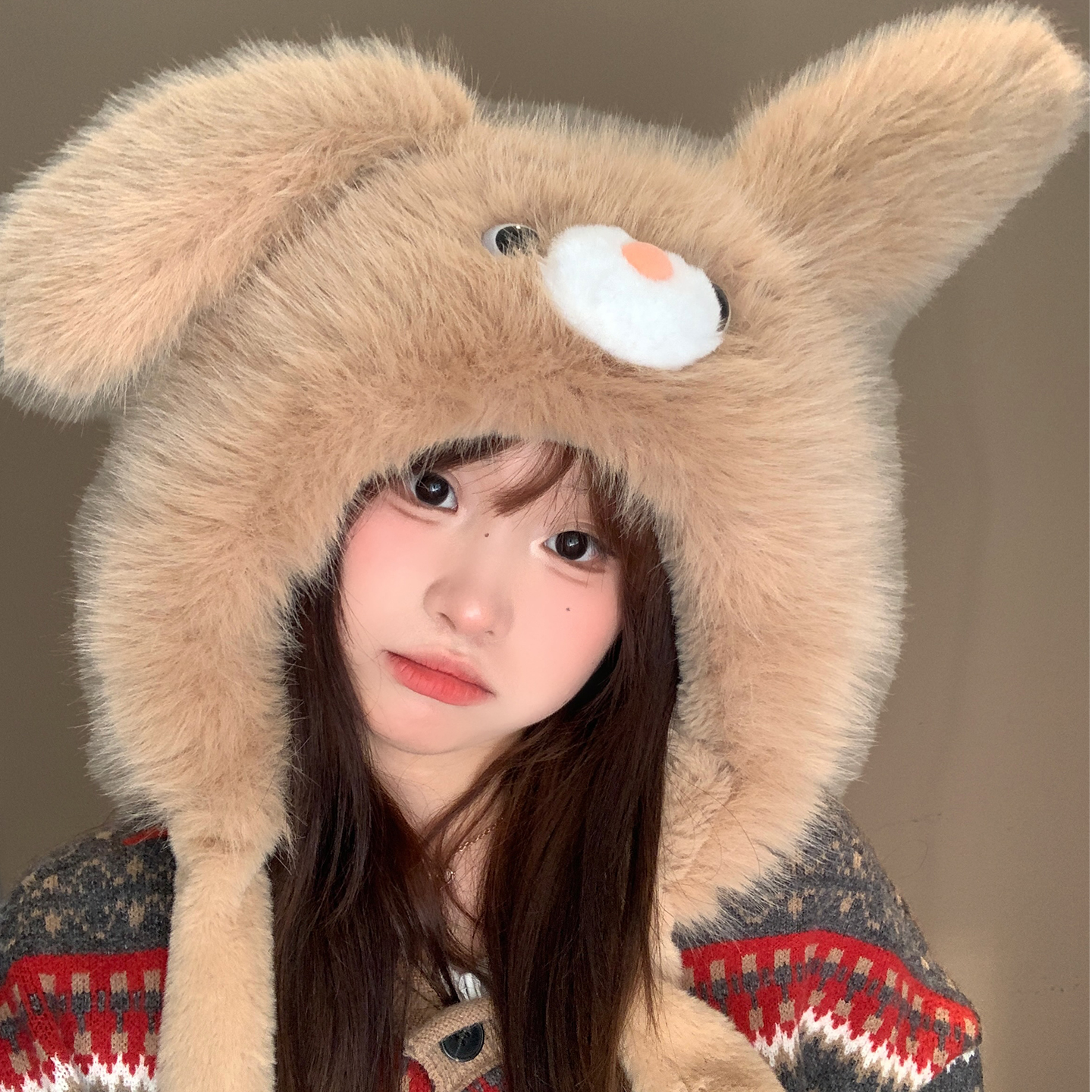 耳朵会动的帽子~可爱小熊毛绒帽女秋冬加绒加厚大头围护耳雷锋帽