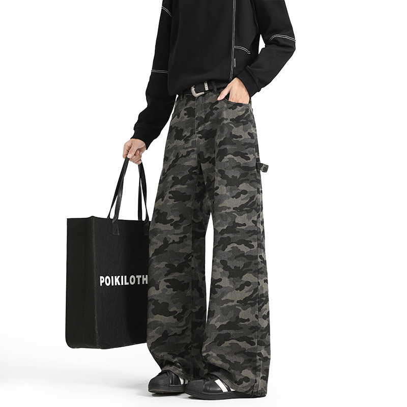 美式原宿高街迷彩休闲裤男潮牌水洗设计弯刀裤垂感显瘦宽松拖地裤