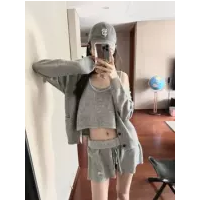 Alo欧美华夫格套装连帽针织衫休闲上衣显瘦长袖运动短裤背心