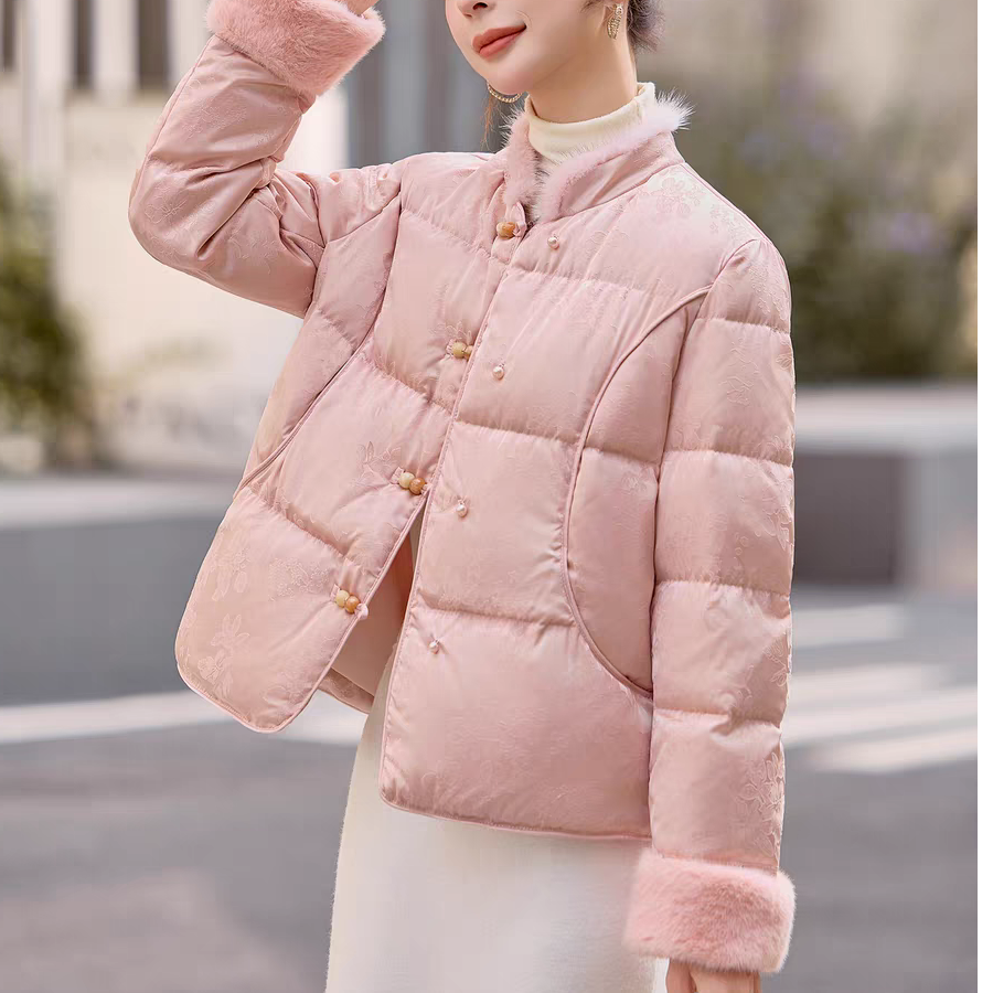小香风毛毛拼接提花短款羽绒服2025冬女新款时尚百搭加厚外套