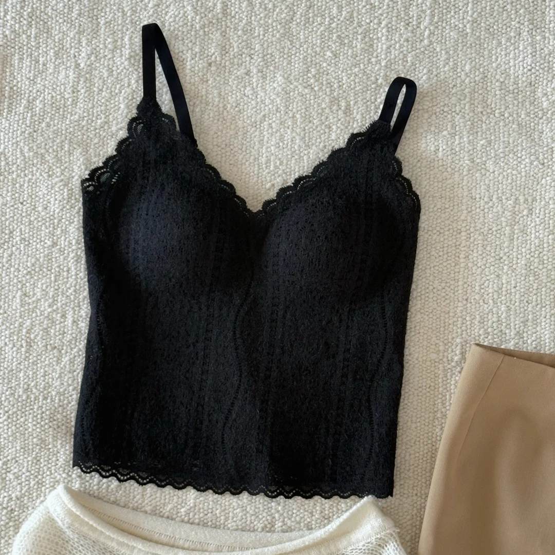 纯欲磨毛蕾丝秋冬吊带背心女性感修身显瘦带胸垫免穿文胸内搭打底