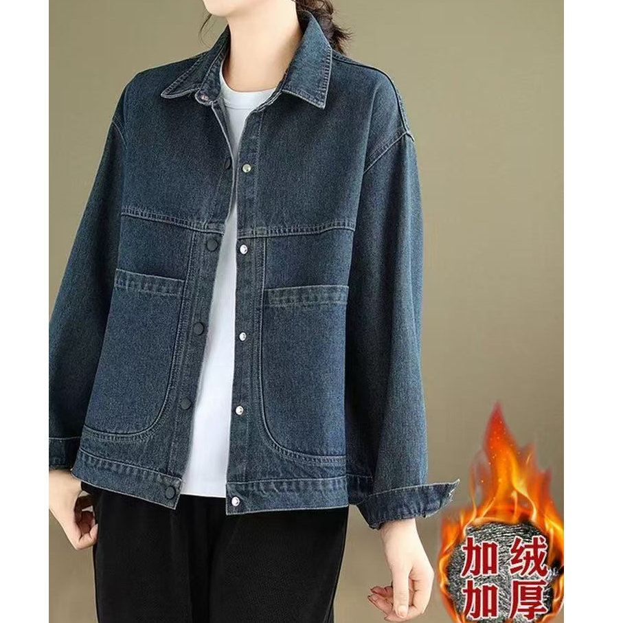 2025冬季新款复古牛仔外套女水洗大口袋休闲宽松秋冬加绒加厚棉衣