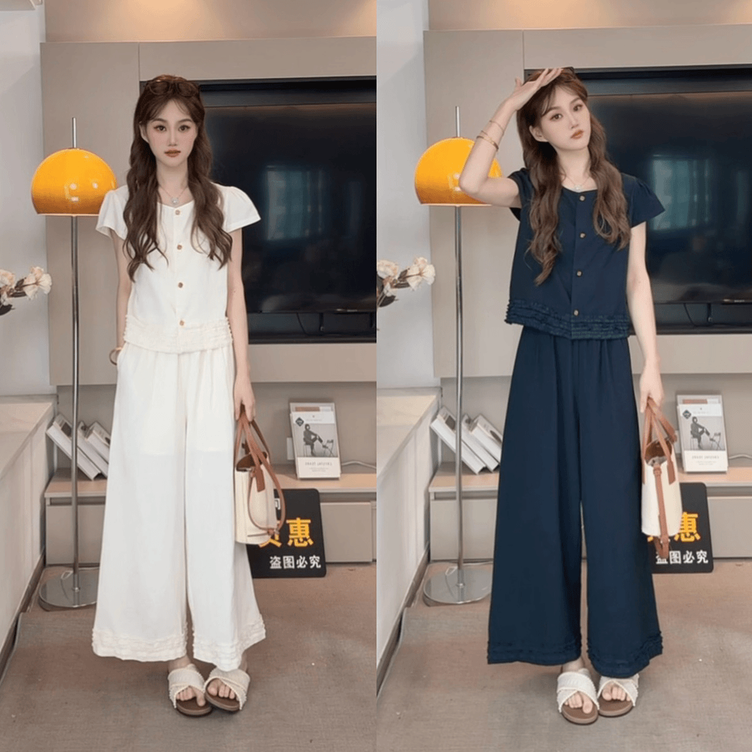 时尚夏装一整套2025年新款时尚减龄百搭洋气阔腿长裤两件套装