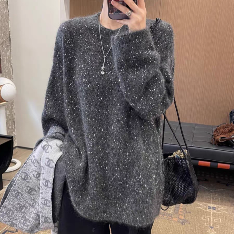 欧货满天星羊毛加厚圆领中长款针织毛衣亮片闪闪宽松大版显瘦女
