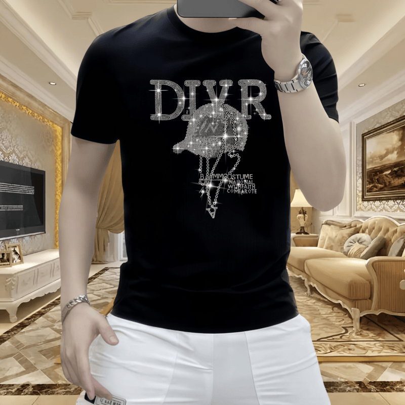 男士时尚休闲夏季潮流修身圆领百搭新款帽子烫钻高品质冰丝短袖T