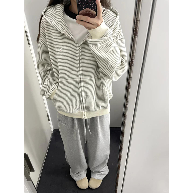 韩版条纹拉链小众百搭秋冬外套流光风连帽文艺复古卫衣女短款ins