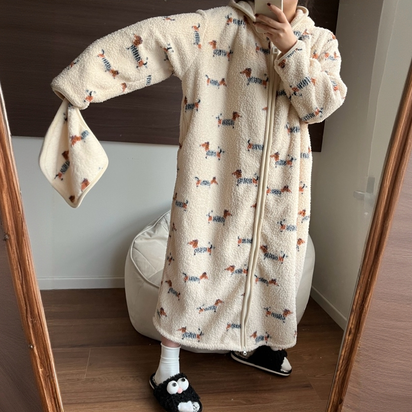 行走的被子大码韩系条纹珊瑚绒睡衣女加厚保暖家居服睡袍连帽拉链