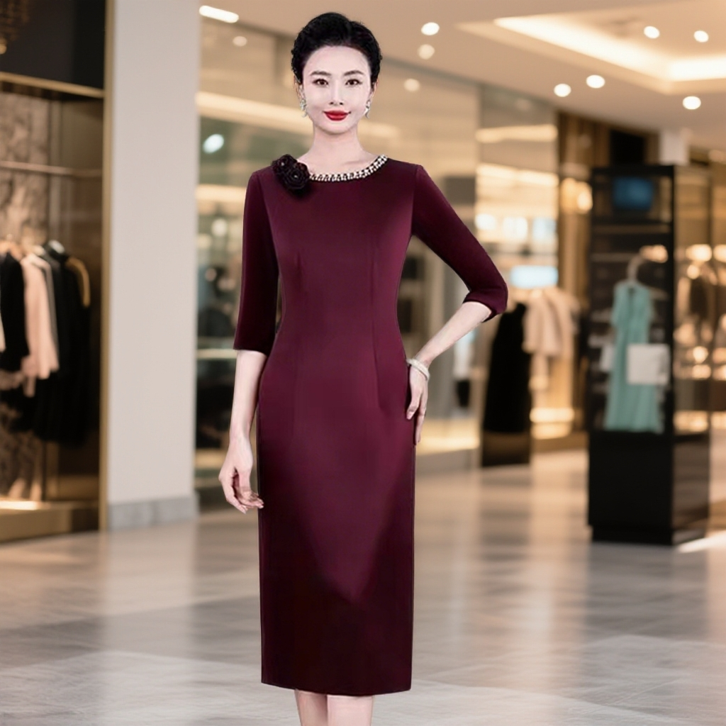 2025秋款婚礼高端醋酸缎喜婆婆礼服裙高贵妈妈婚宴装年轻修身L