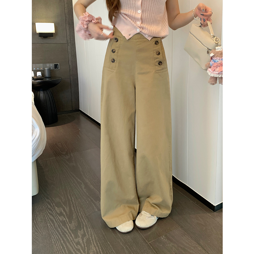 通勤百搭多纽扣休闲裤女夏季新款复古高腰显瘦显腿长阔腿长裤