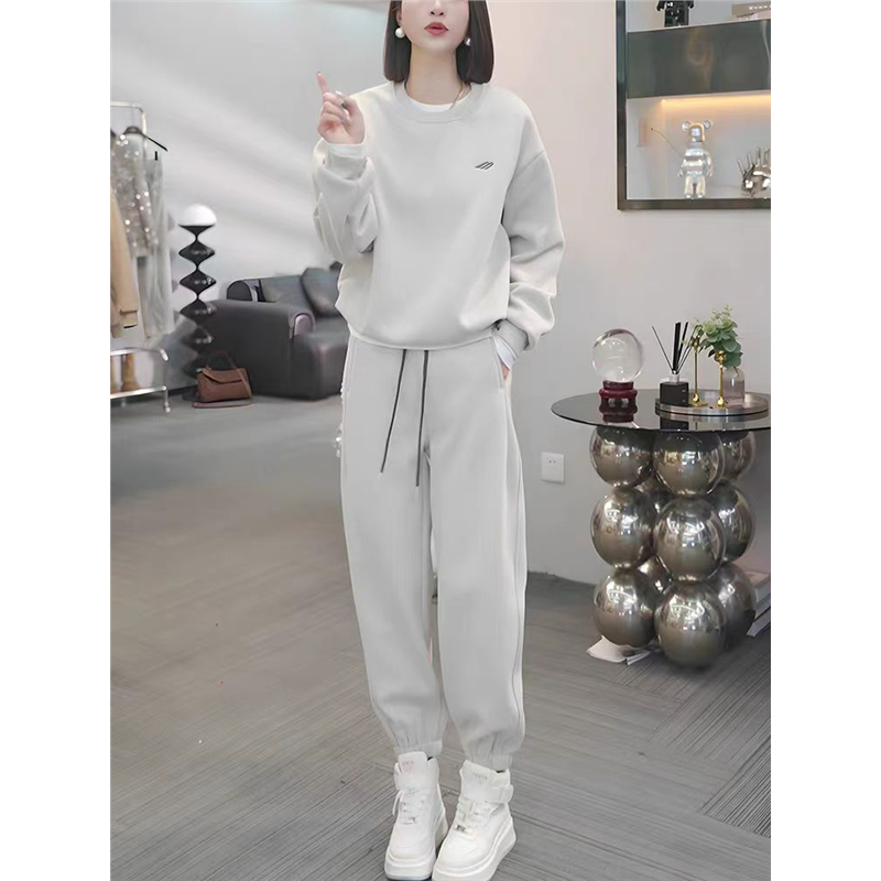 运动服女韩版时尚洋气休闲两件套白色潮早春加绒加厚宽松卫衣套装