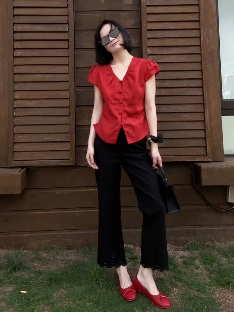 法式独特绝美小上衣高级感超好看气质掐腰新中式红色短袖衬衫女夏