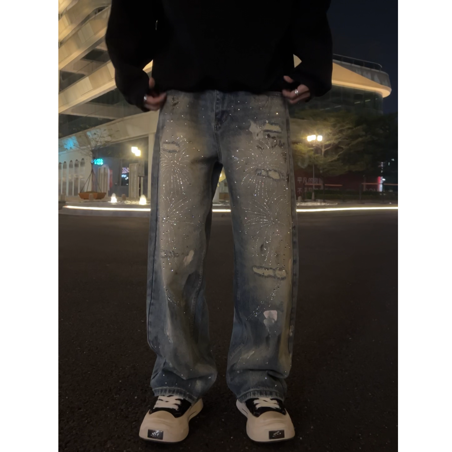 秋冬新款高端潮牌重工烫钻牛仔裤男士显瘦宽松阔腿裤高街痞帅长裤