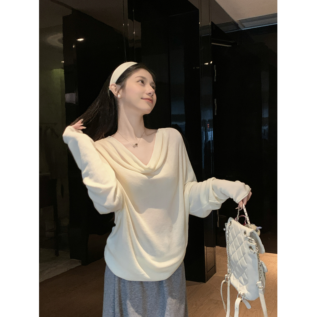 莱赛尔天丝气质高级感荡领斜肩一字肩宽松显瘦长袖针织T恤上衣