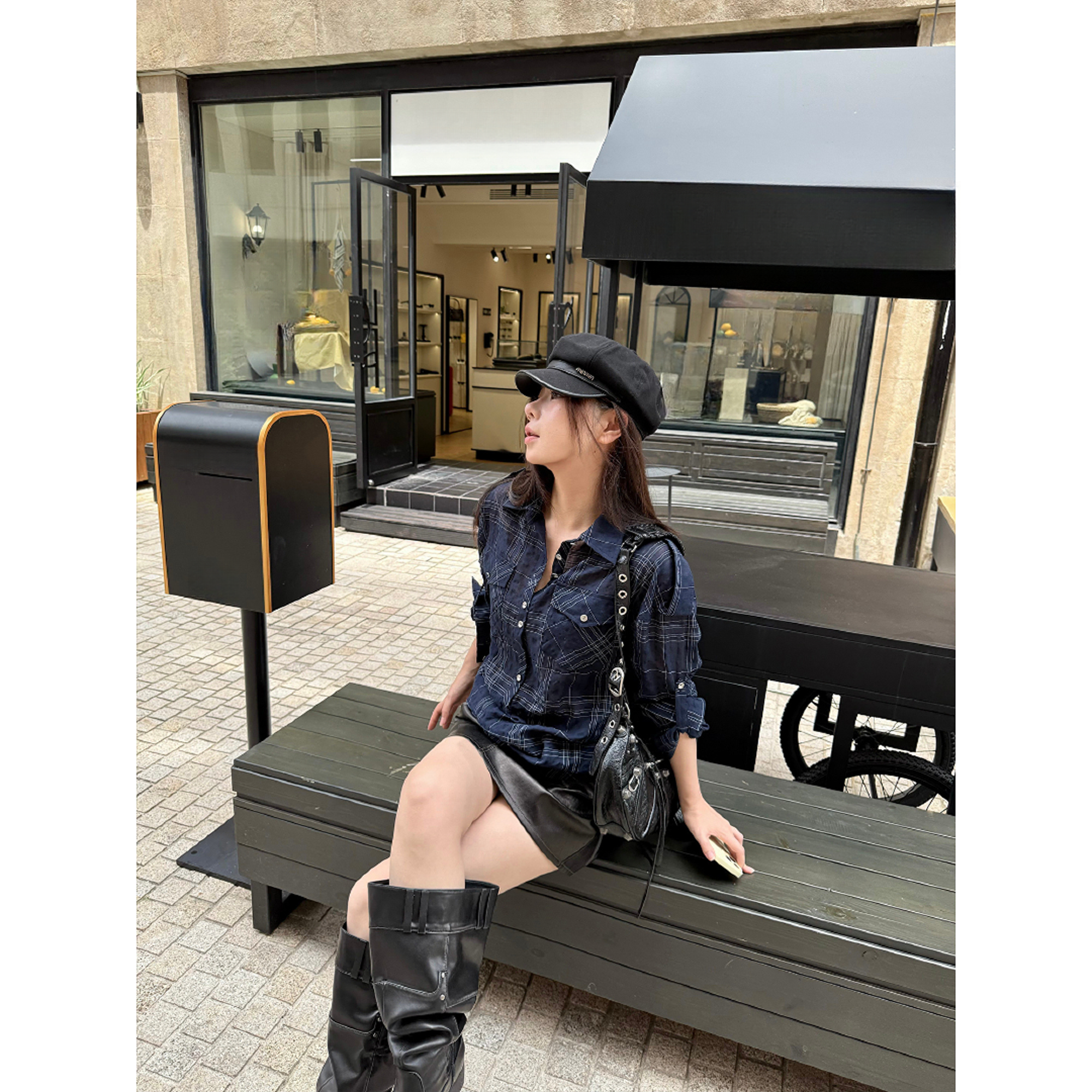 野生辣辣 漫步格纹 微胖mm秋季不规则肌理感格纹宽松衬衫大码上衣