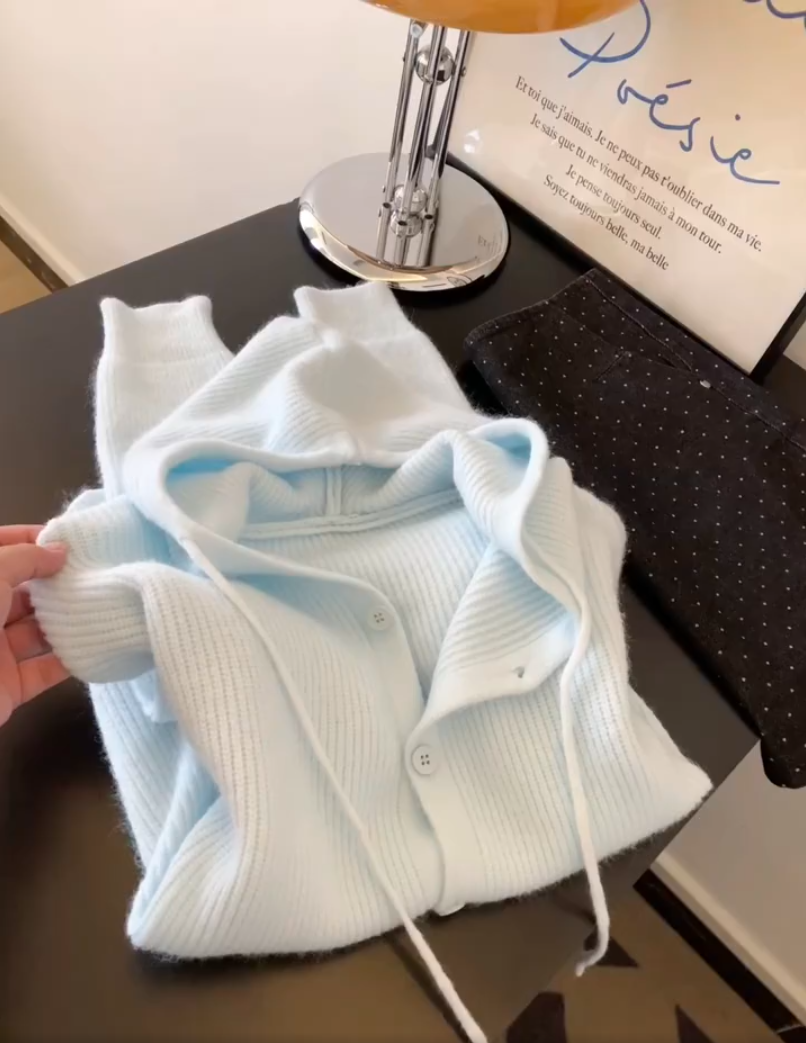 2025新款韩版软奶蓝色连帽针织开衫女慵懒风百搭宽松显瘦