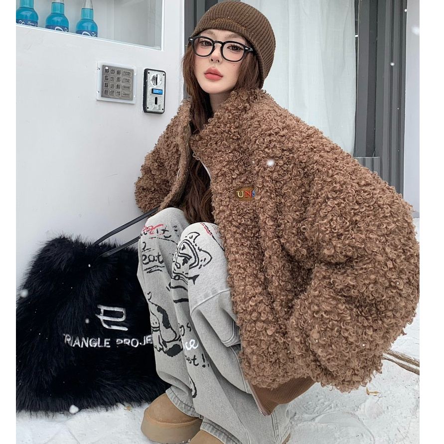 美式复古时尚女生潮流宽松短款格纹拼接双面穿羊羔绒棉服学院棉衣