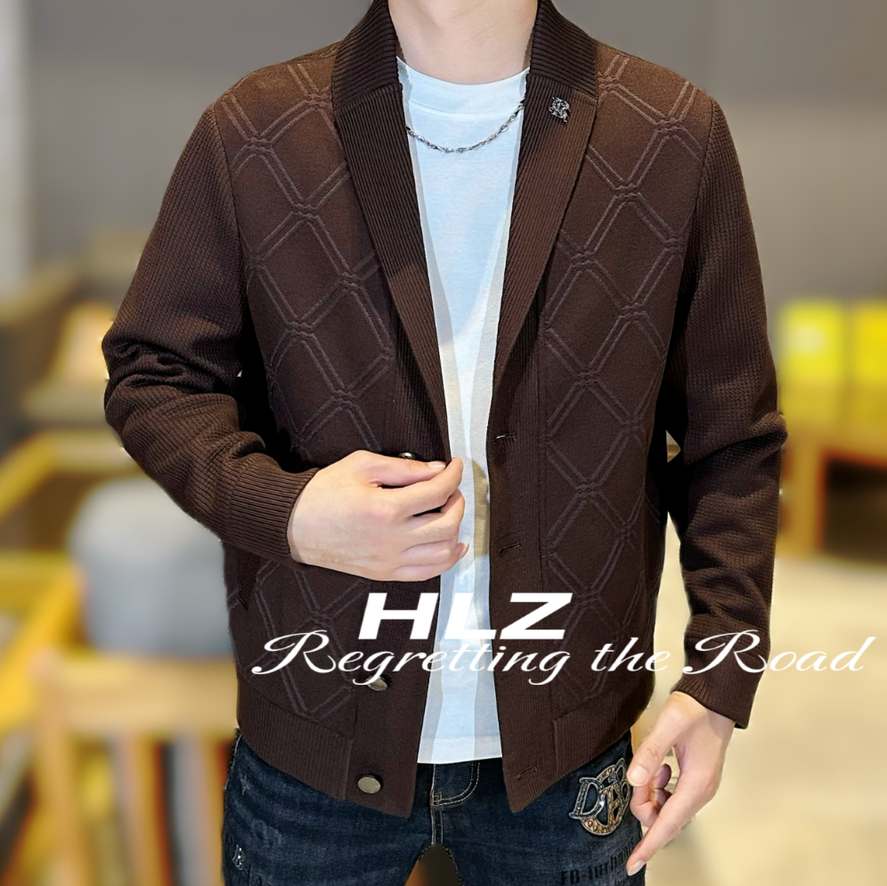 2025男士秋季新款时尚休闲免烫方格潮流好穿时尚百搭针织翻领外套