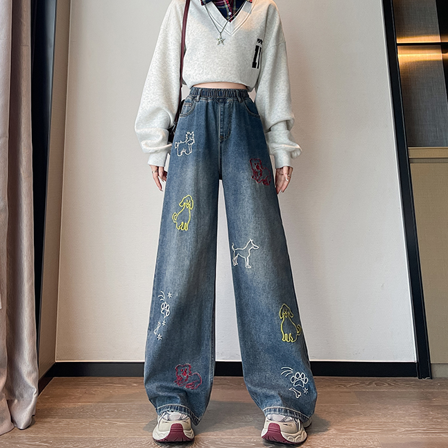 大码胖mm松紧腰牛仔裤印花刺绣设计宽松阔腿裤秋冬洋气新款拖地裤