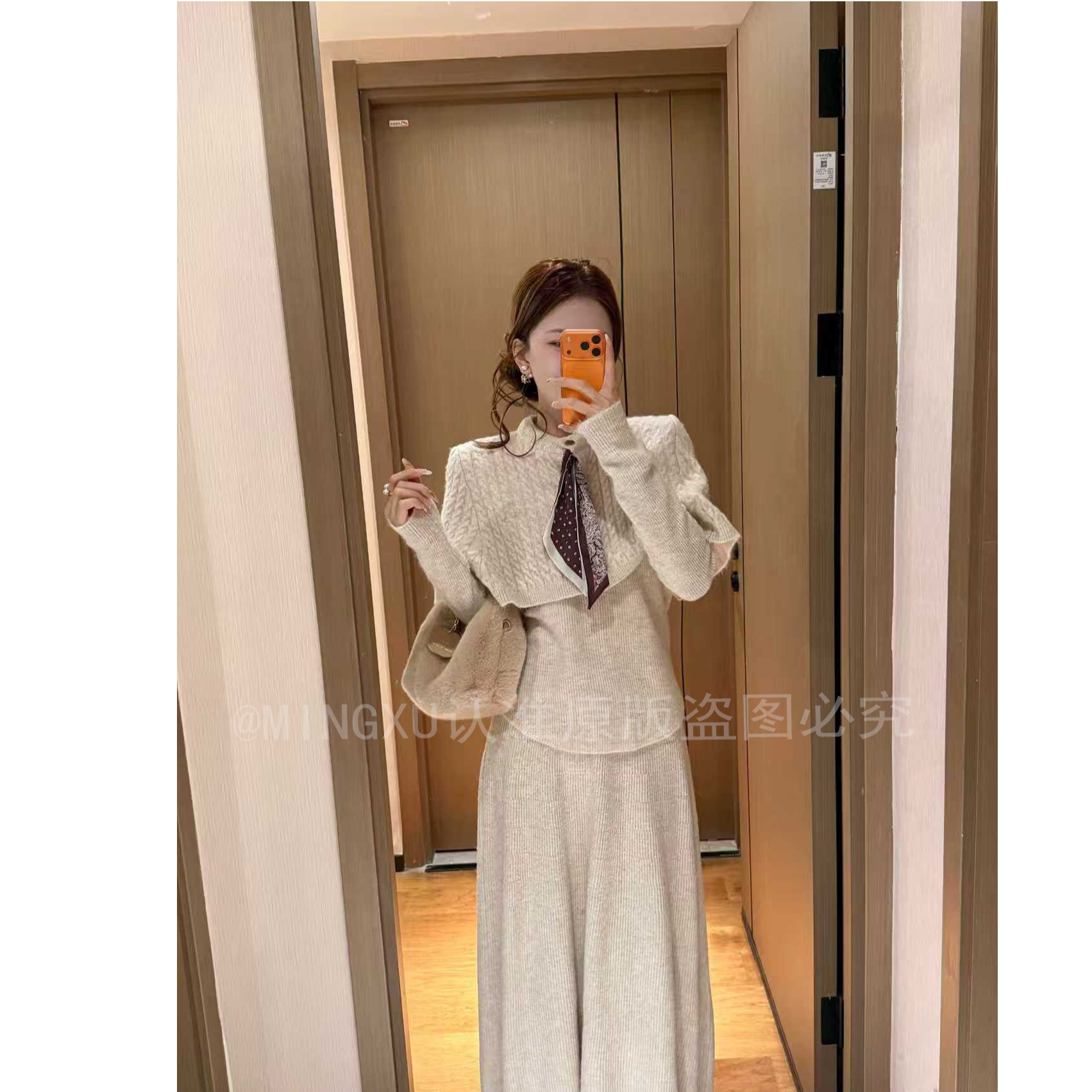 【丝巾斗篷+上衣+半身裙三件套】立体绞花时尚针织套装裙子穿搭0500