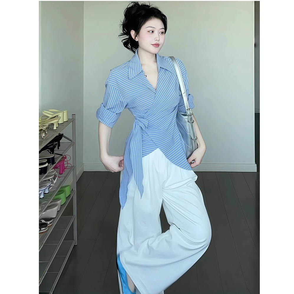 蓝色条纹polo领不规则绑带设计防晒衬衫女2025夏季新款航海系上衣