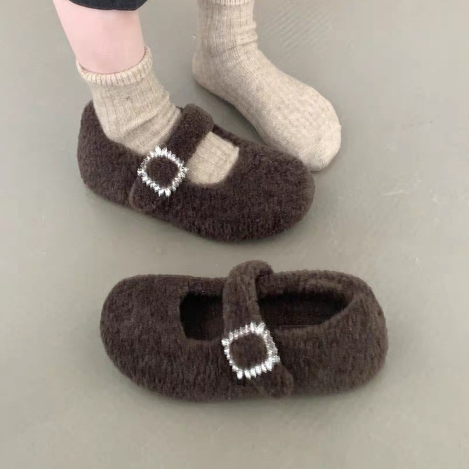 法式甜美温柔时尚舒适浅口单鞋女2025新款一字带厚底外穿毛毛棉鞋