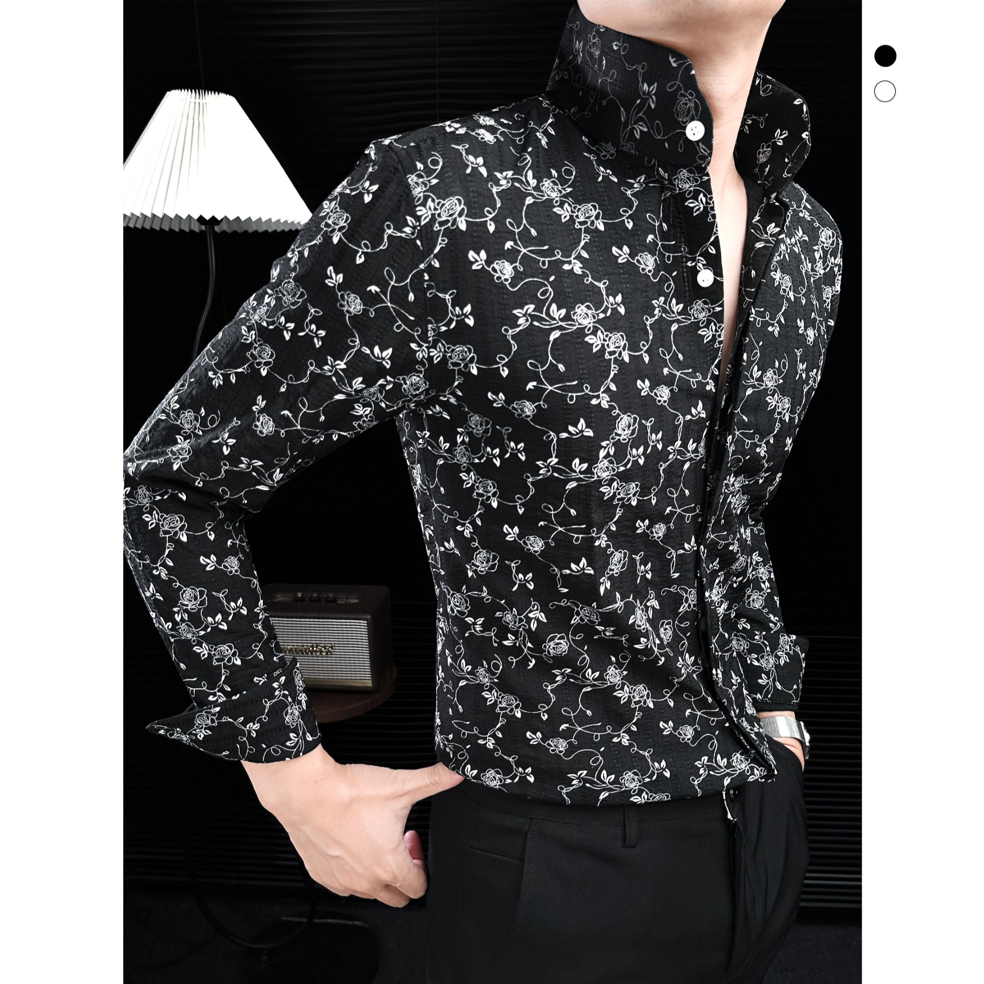 高领印花衬衫男款长袖英伦雅痞风格男装秋款2025新款爆款男士衬衣