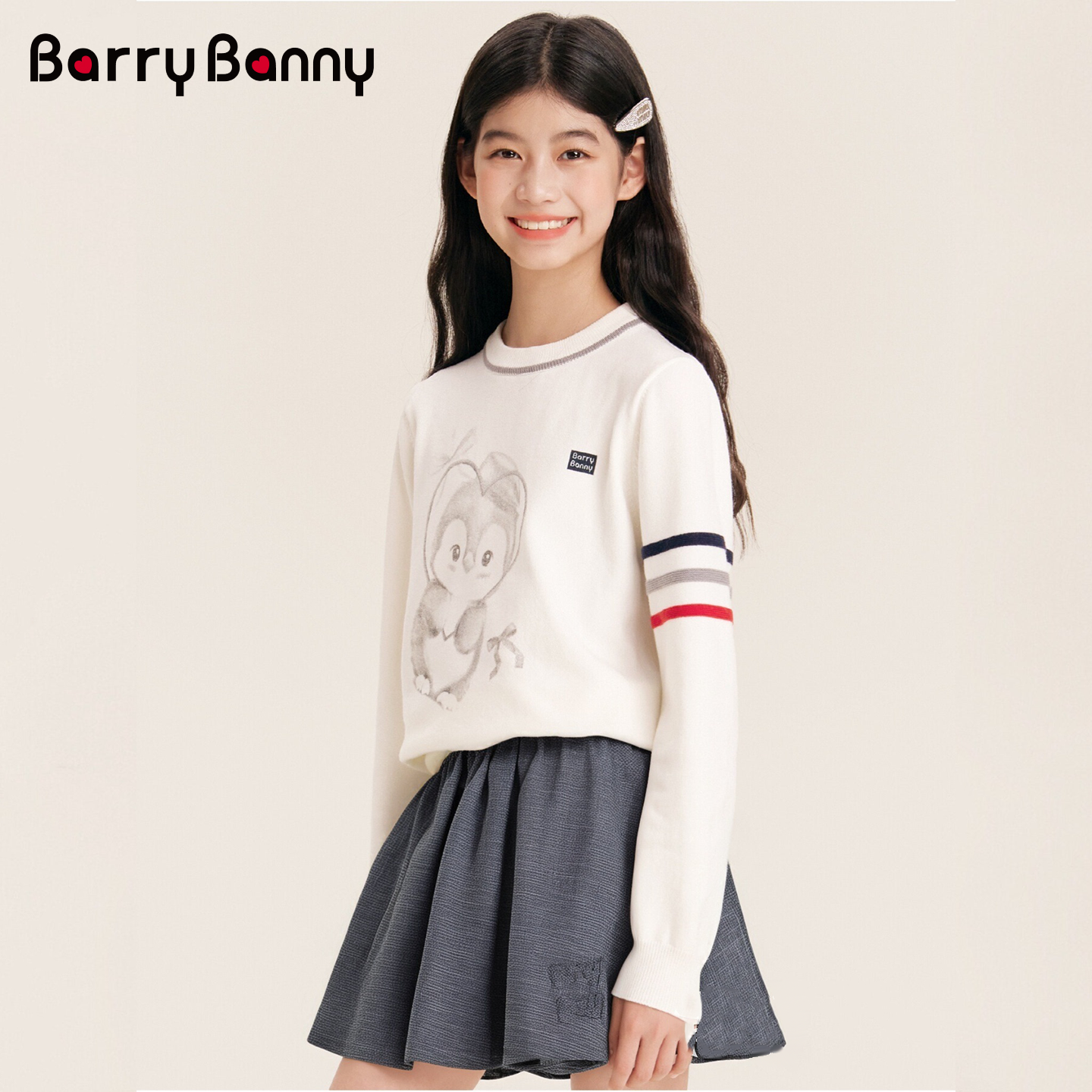 Barry Banny女童圆领毛针织衫套装打底秋新款袖企鹅刺绣女童衣服