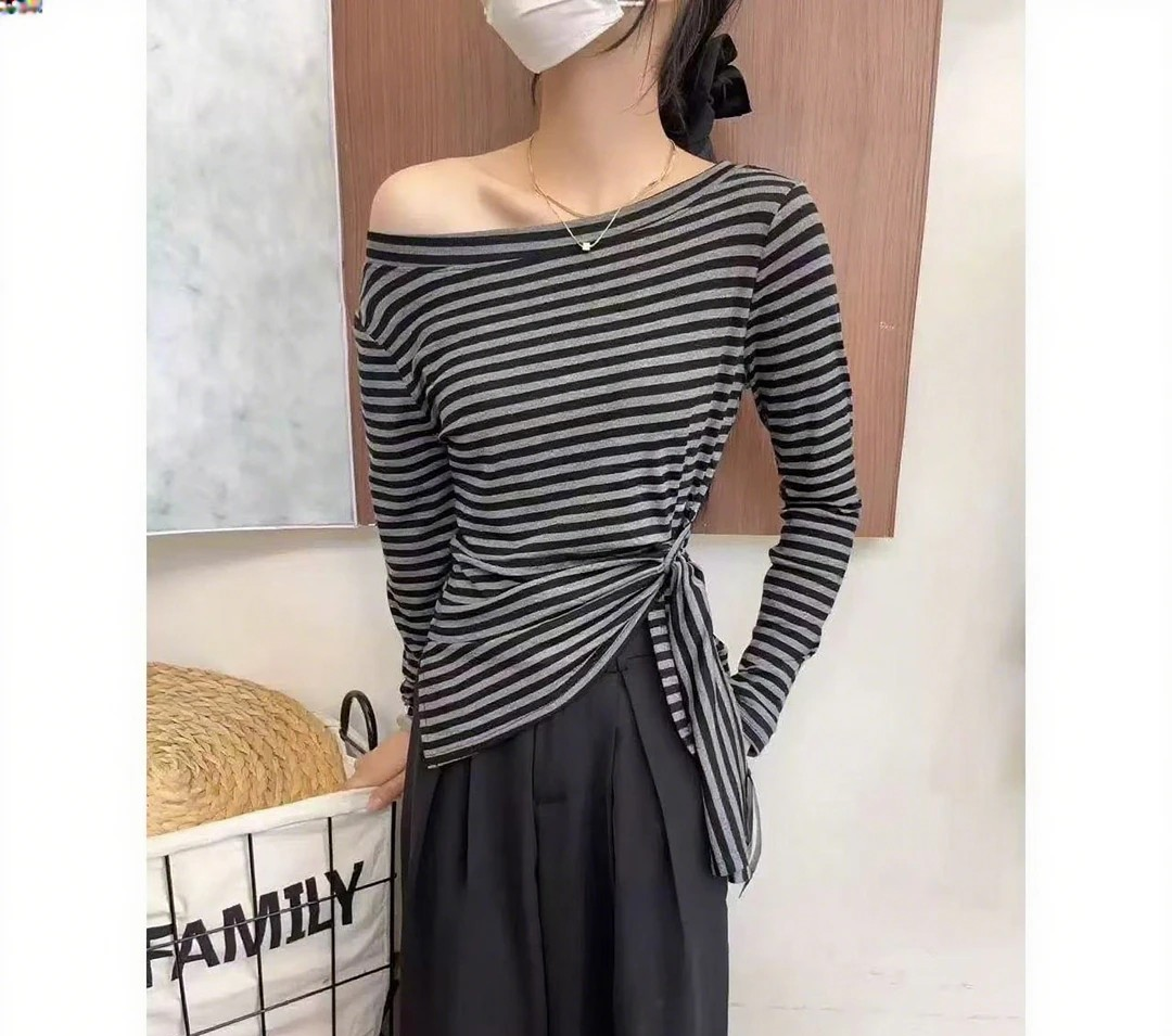 韩系下摆不规则开叉收腰设计感长袖T恤女2025显瘦百搭斜肩上衣