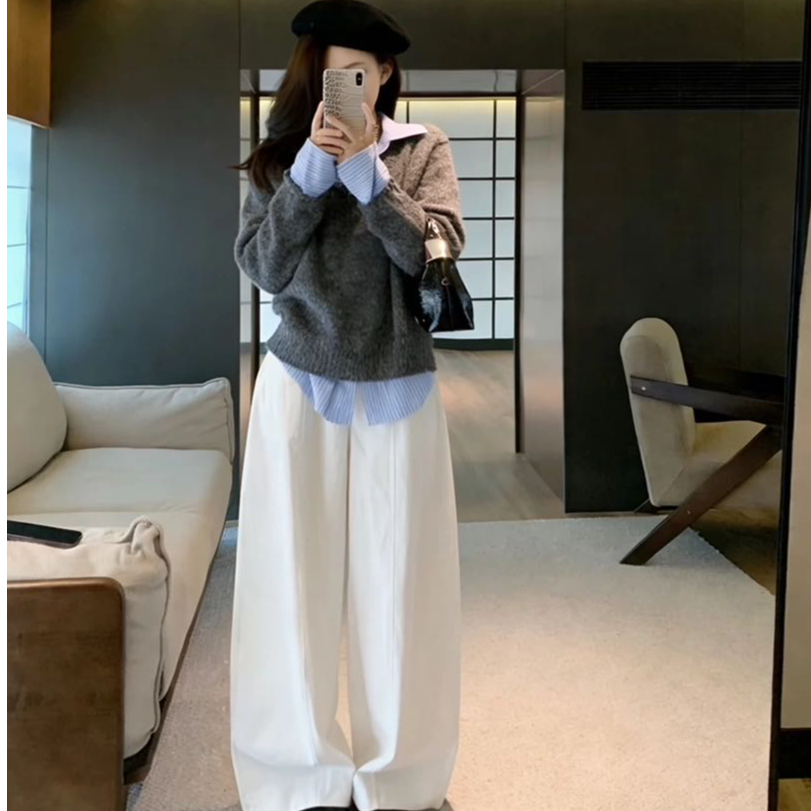 2026春季新款韩国chic学院风翻领拼接假两件长袖针织衫女直筒裤