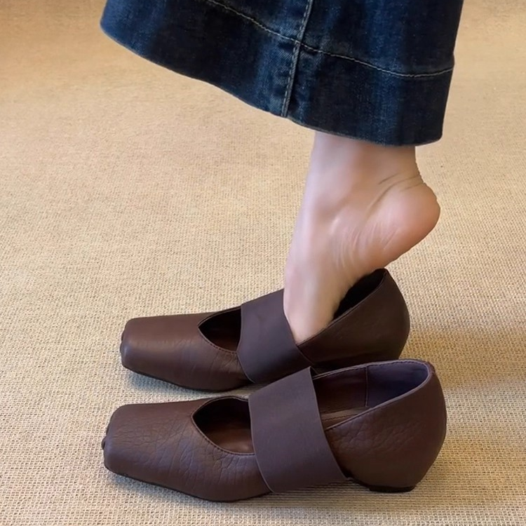 羊皮版~内增高芭蕾风一字带玛丽珍鞋女复古软皮猪鼻子浅口单鞋子