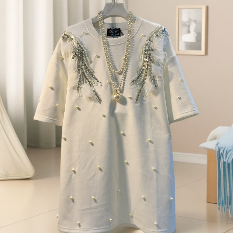 YDD亮钻肩圆领满身钉珠T恤衫欧洲站大码女装宽松遮肚子百搭上衣