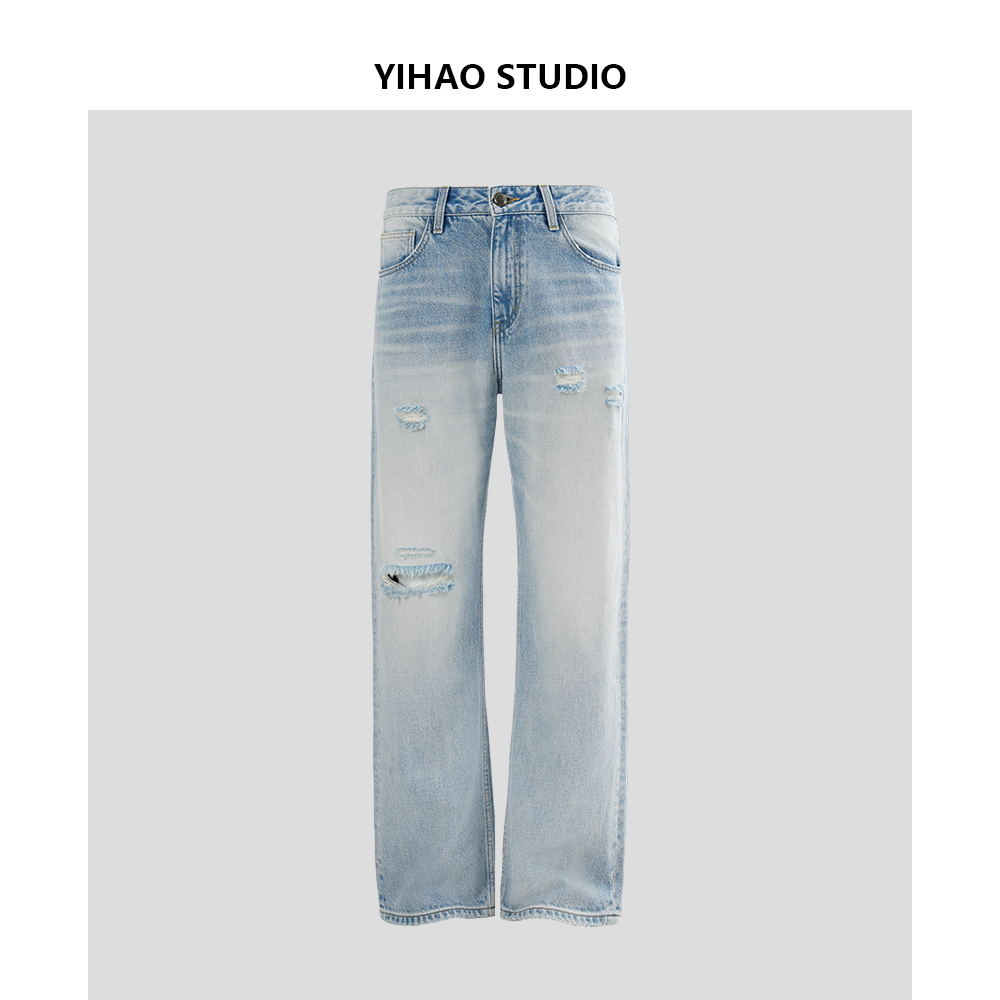 YIHAO STUDIO夏季新款男士水洗破洞直筒牛仔裤美式休闲宽松长裤