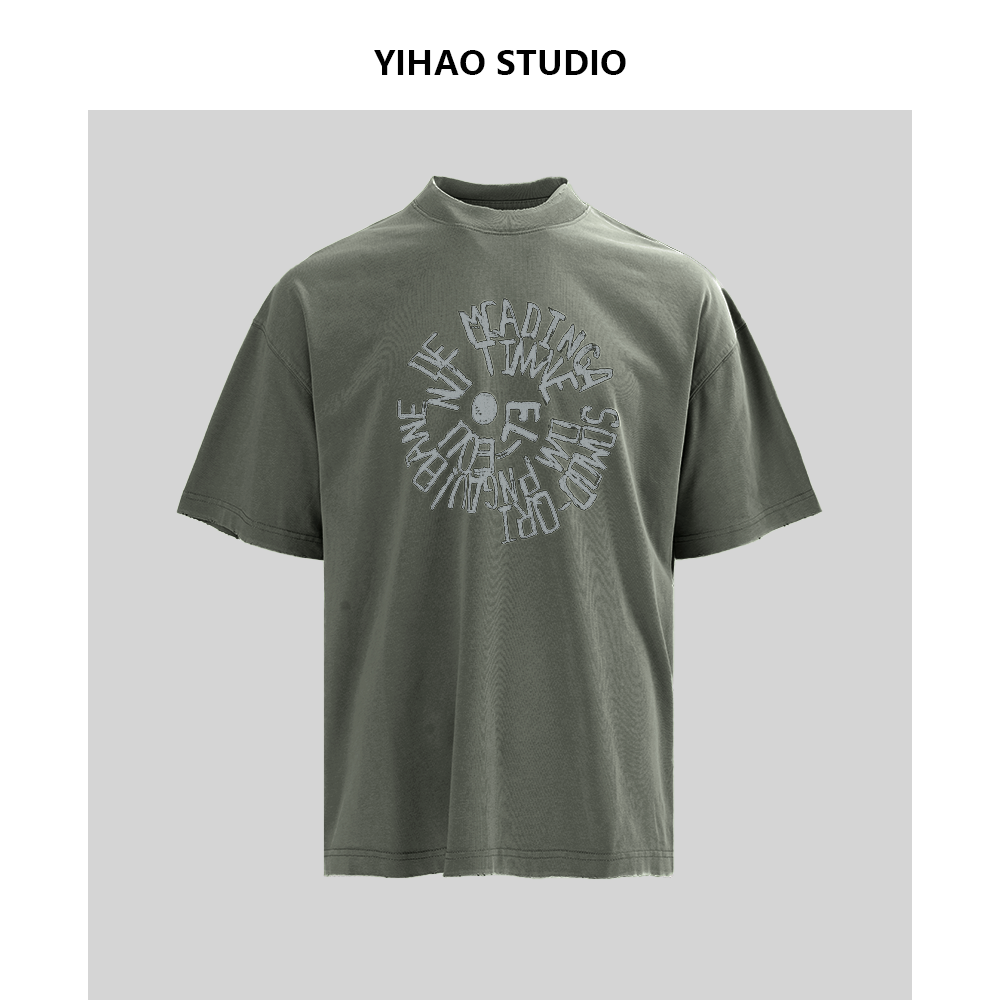 YIHAO STUDIO夏季新款男士旋转英文T恤半袖纯棉休闲宽松圆领短袖