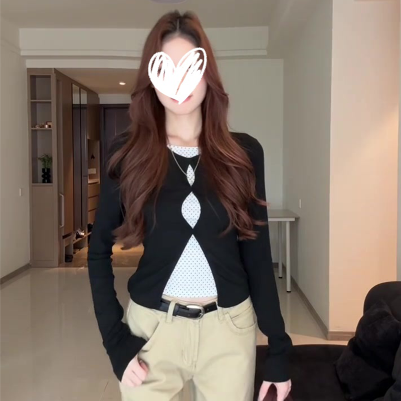 秋季新款气质设计感波点假两件拼接长袖t恤镂空修身显瘦女上衣潮