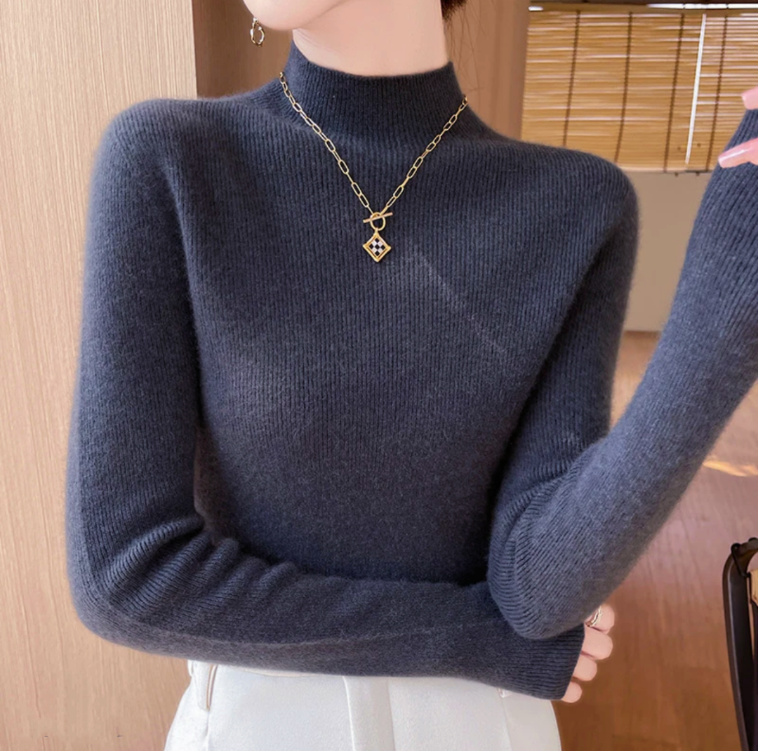 0341 祺欣家  法式中领修身显瘦小众设计高级感简约针织打底衫