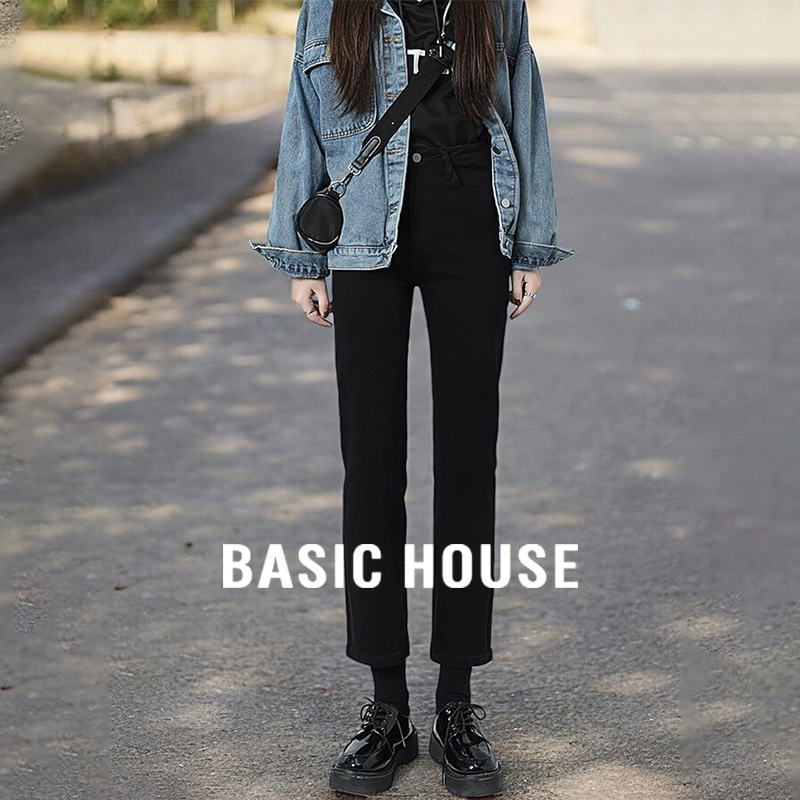 Basic House/百家好黑色小脚裤加绒直筒牛仔裤女春秋小个子九分裤