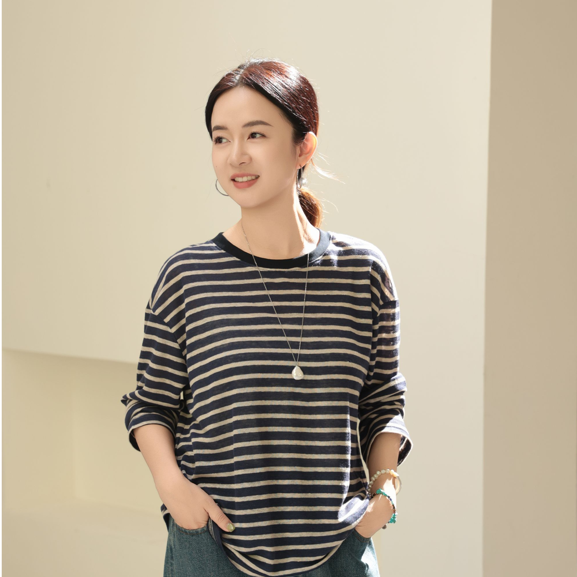 麻享【微风与帆·海魂衫】100%纯汉麻针织条纹T恤女士长袖FSY50836