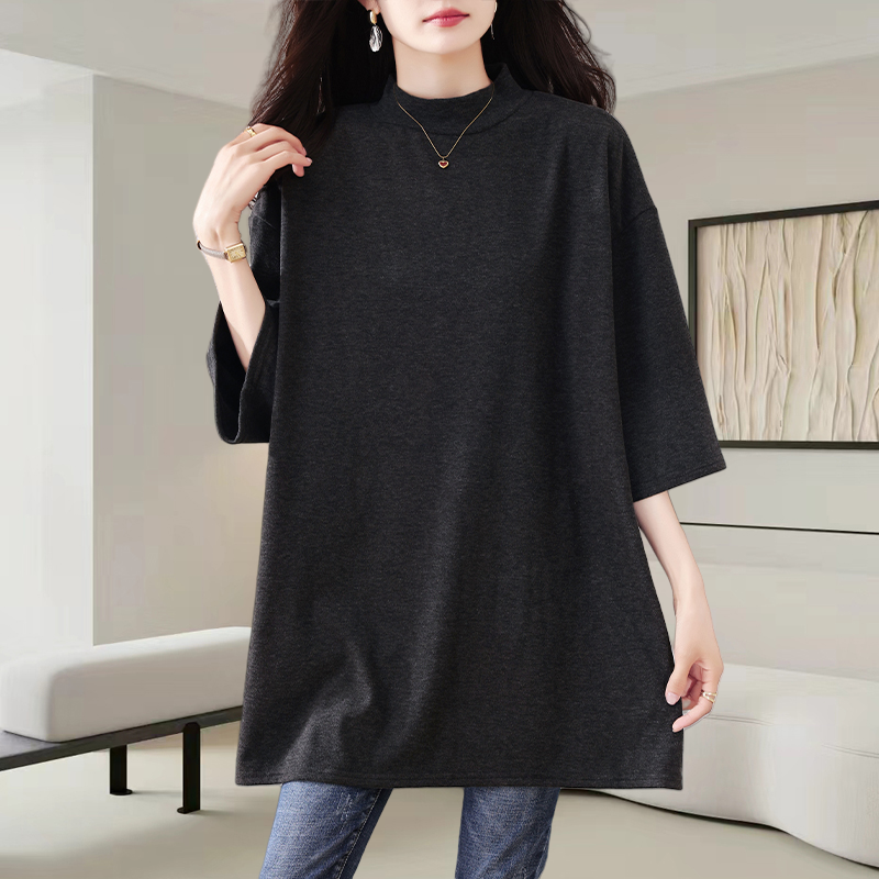 中长款半高领中袖T恤女士2025早秋新款时尚大码显瘦外穿打底上衣